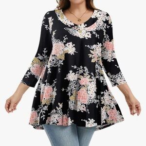 Monnuro- Soft & Stretchy Floral Black and Pink Women's Top - Size 2X